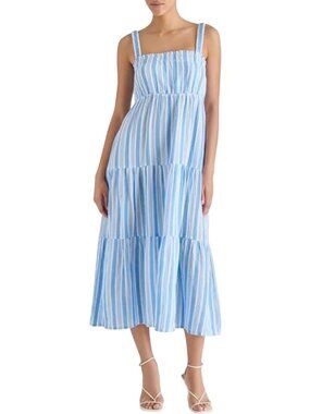 Steve Madden Alissa Stripe Tiered Cotton Gauze Midi Dress Size Small - Blue